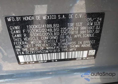 2025 Honda Hr-V Awd Sport из США, поврежденный, VIN 3CZRZ2H52SM701819